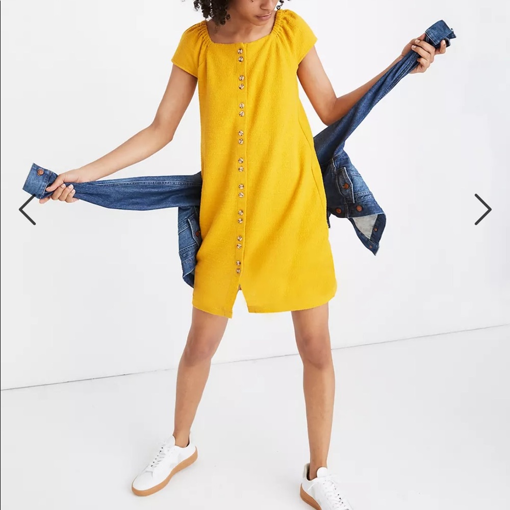 Madewell texture & thread button down cap sleeve mustered yellow dress